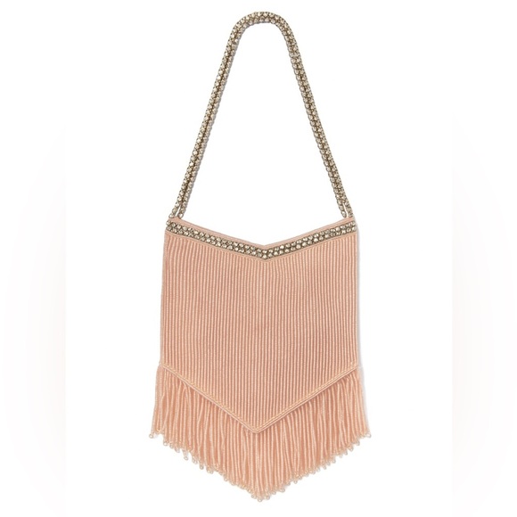 Vintage 90s/00s Blush Beaded Fringe Evening Bag w/ Rhinestone Strap - Picture 11 of 13
